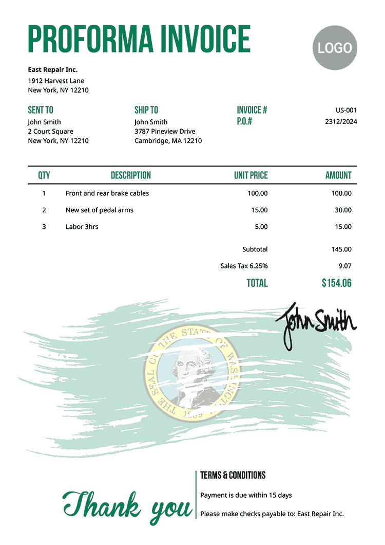 Proforma Invoice Template Us Flag Of Washington 