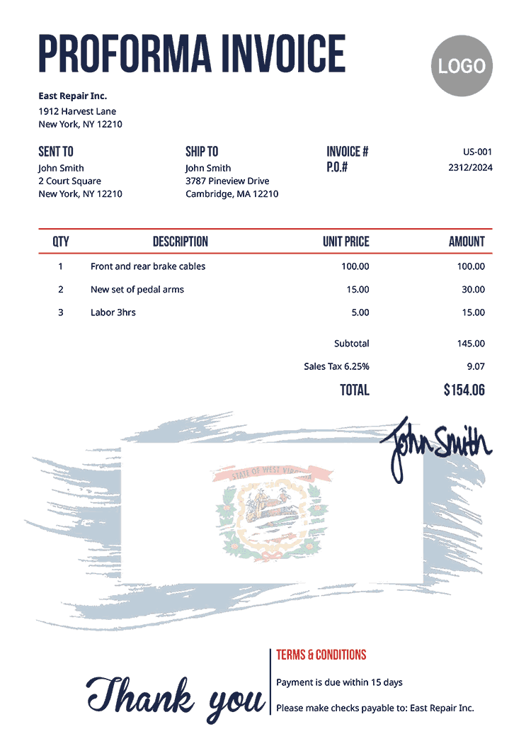Proforma Invoice Template Us Flag Of West Virginia 