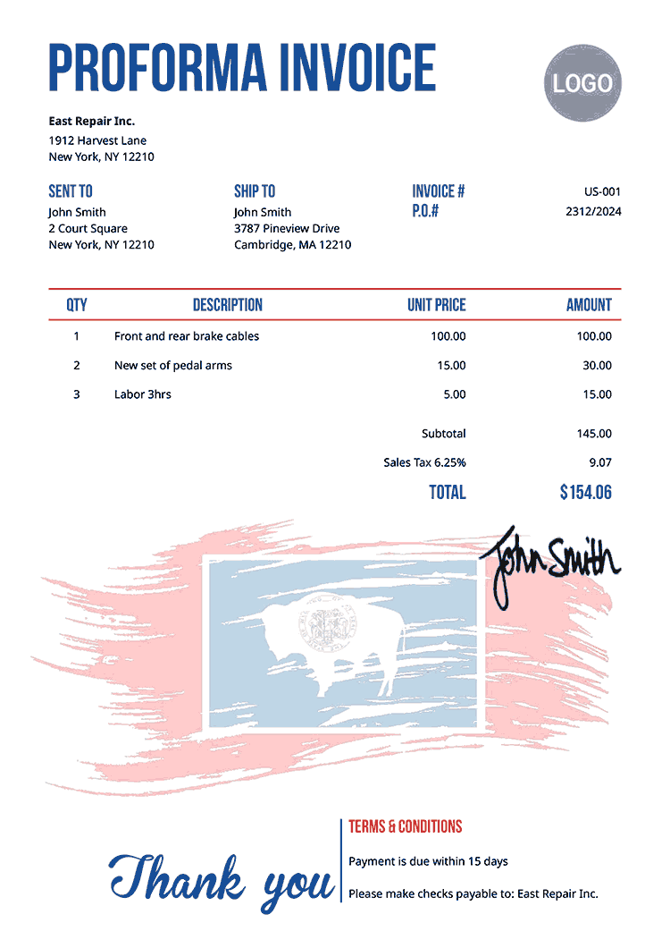 Proforma Invoice Template Us Flag Of Wyoming 