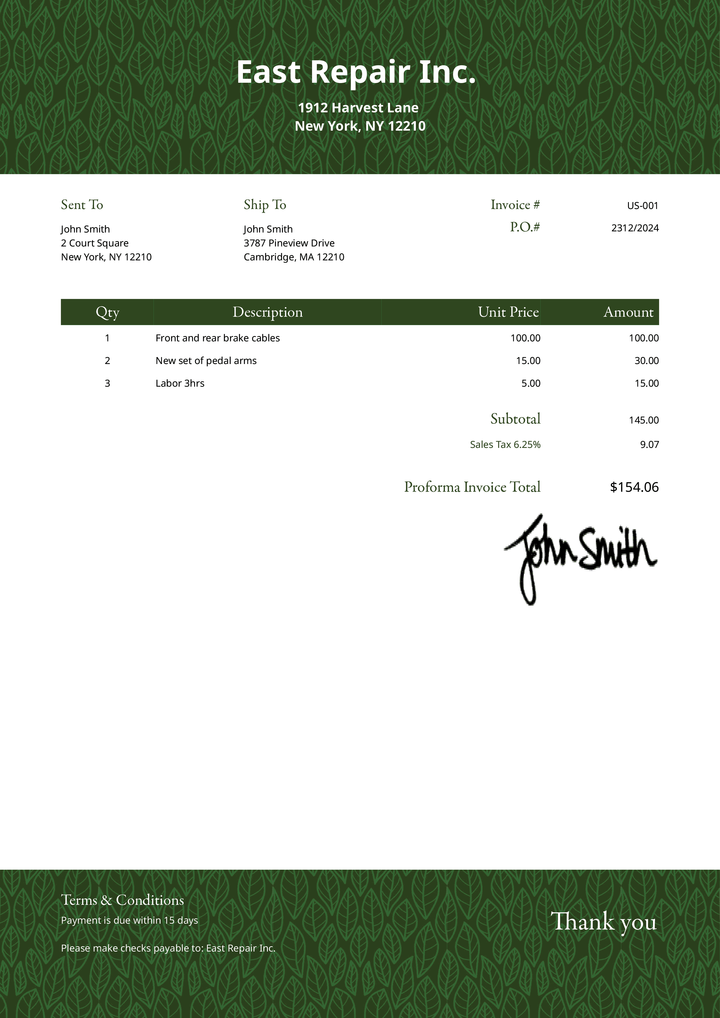 Proforma Invoice Template Us Greenery Dark 