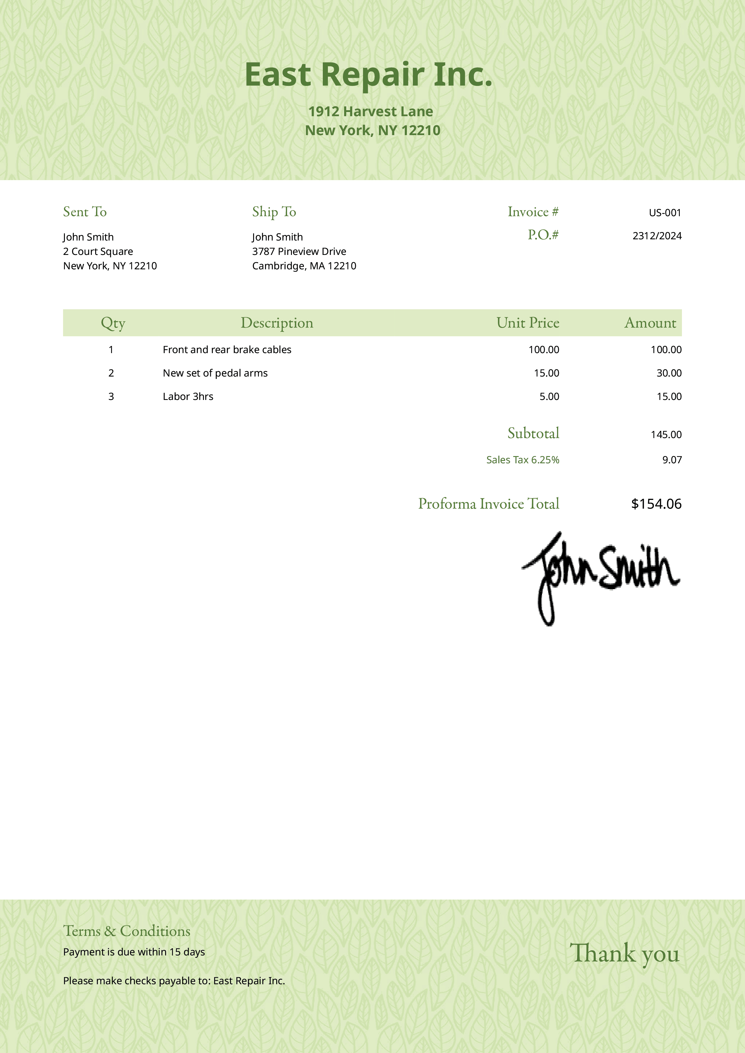 Proforma Invoice Template Us Greenery Light 