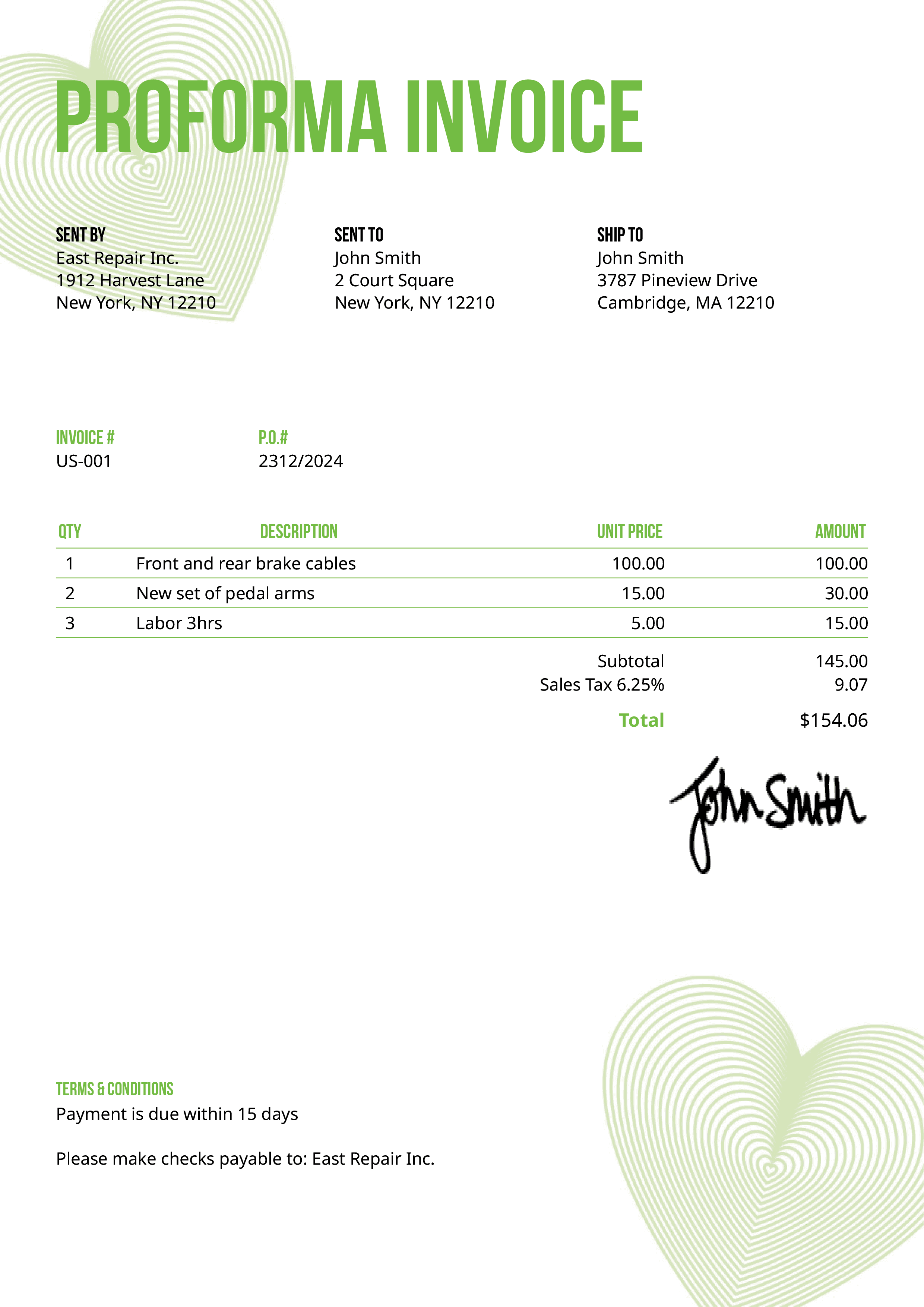 Proforma Invoice Template Us Hearts Green 