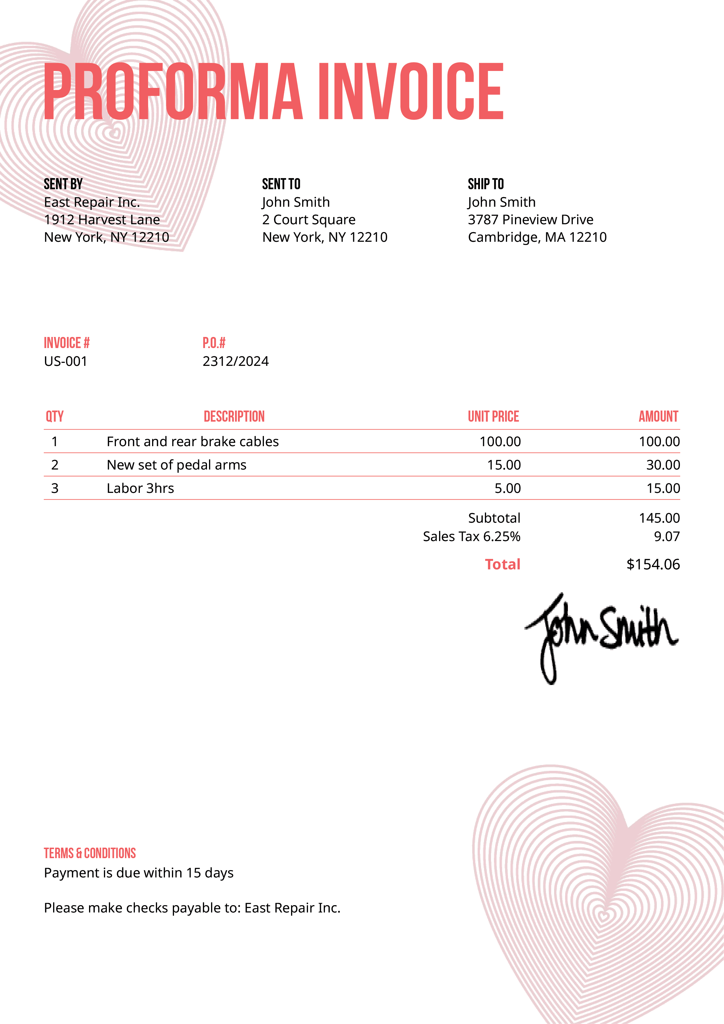 Proforma Invoice Template Us Hearts Pink 
