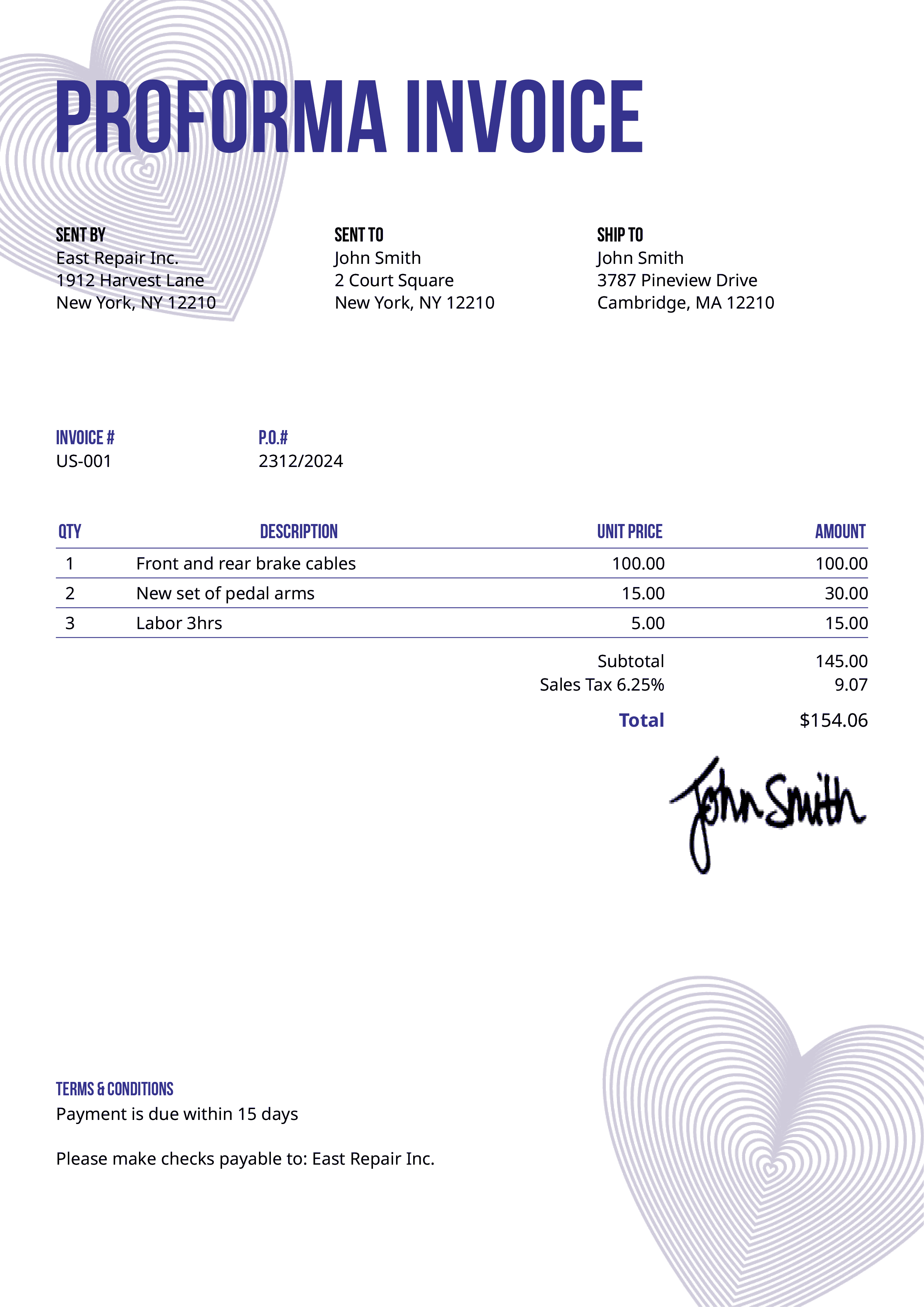 Proforma Invoice Template Us Hearts Purple 