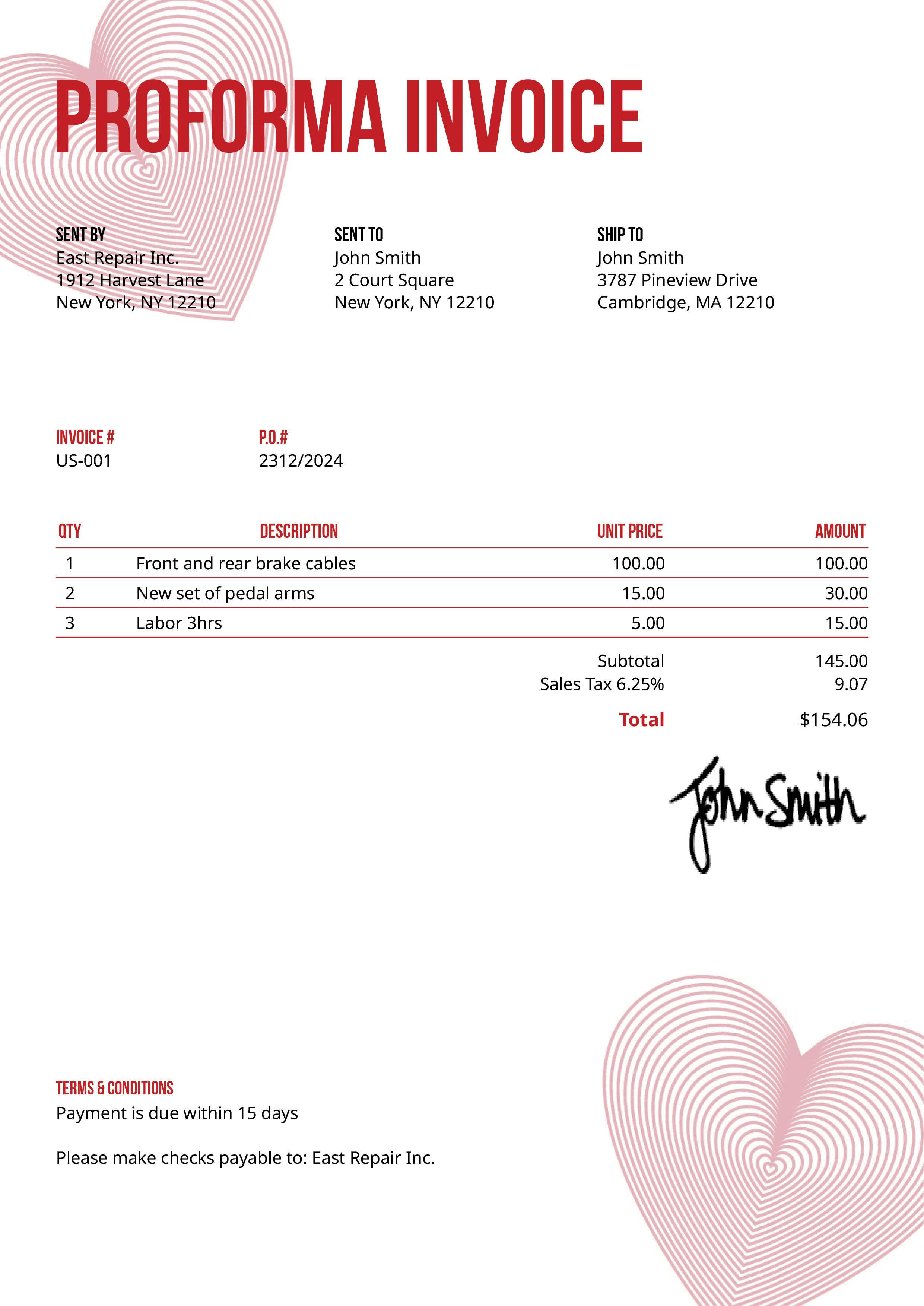 Proforma Invoice Template Us Hearts Red 