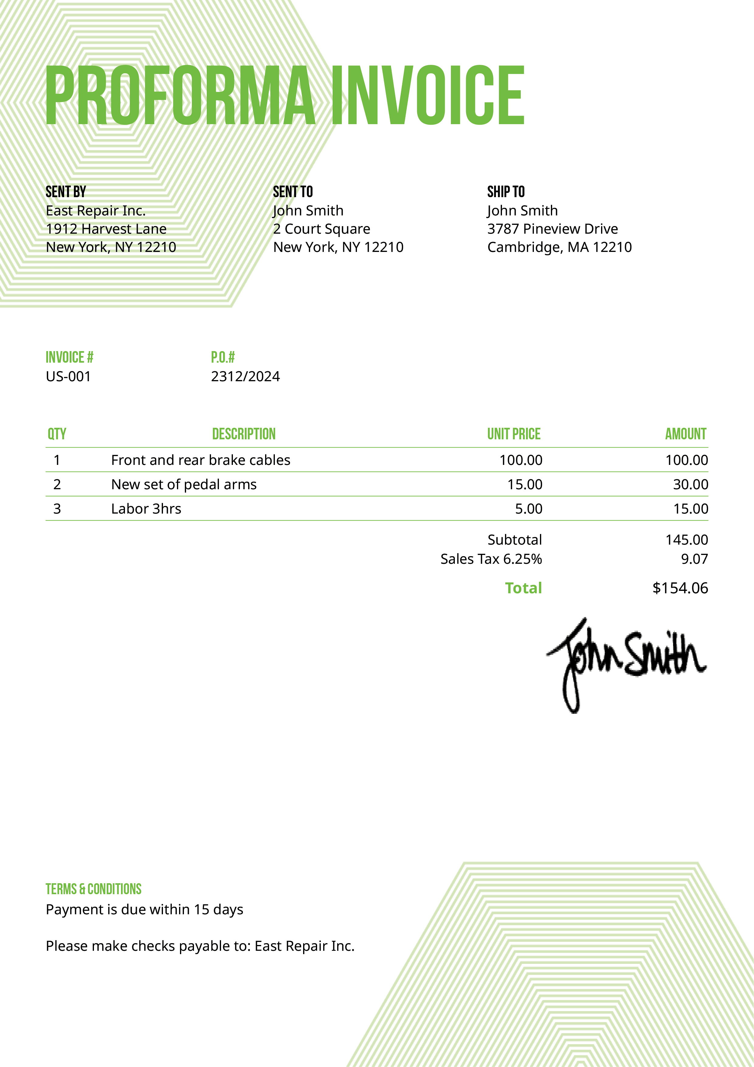 Proforma Invoice Template Us Hexagons Green 