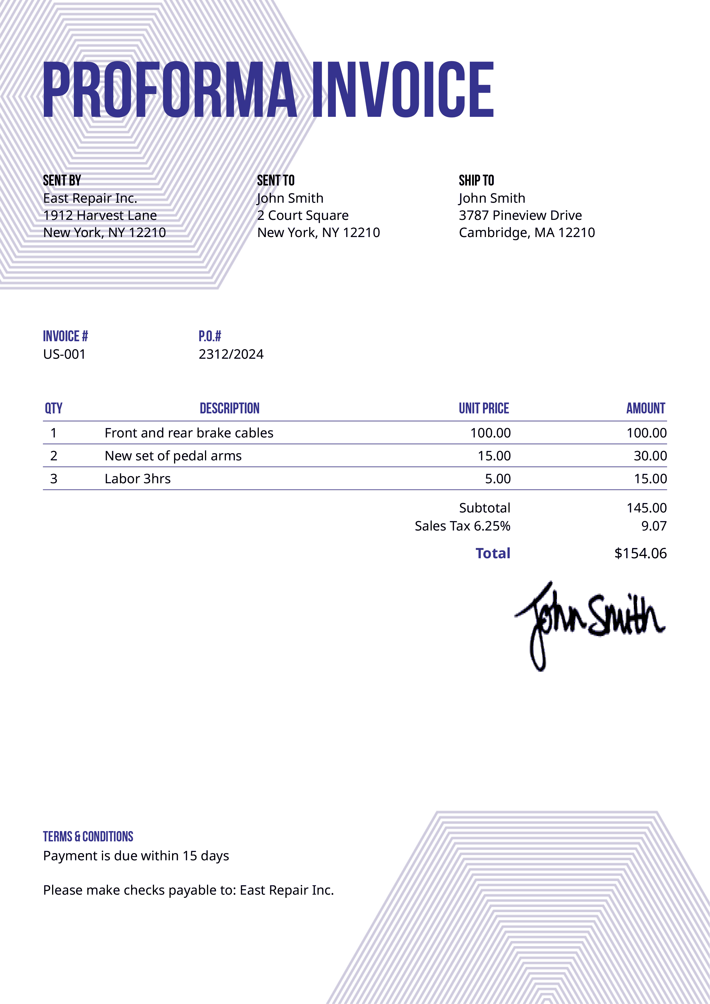 Proforma Invoice Template Us Hexagons Purple 