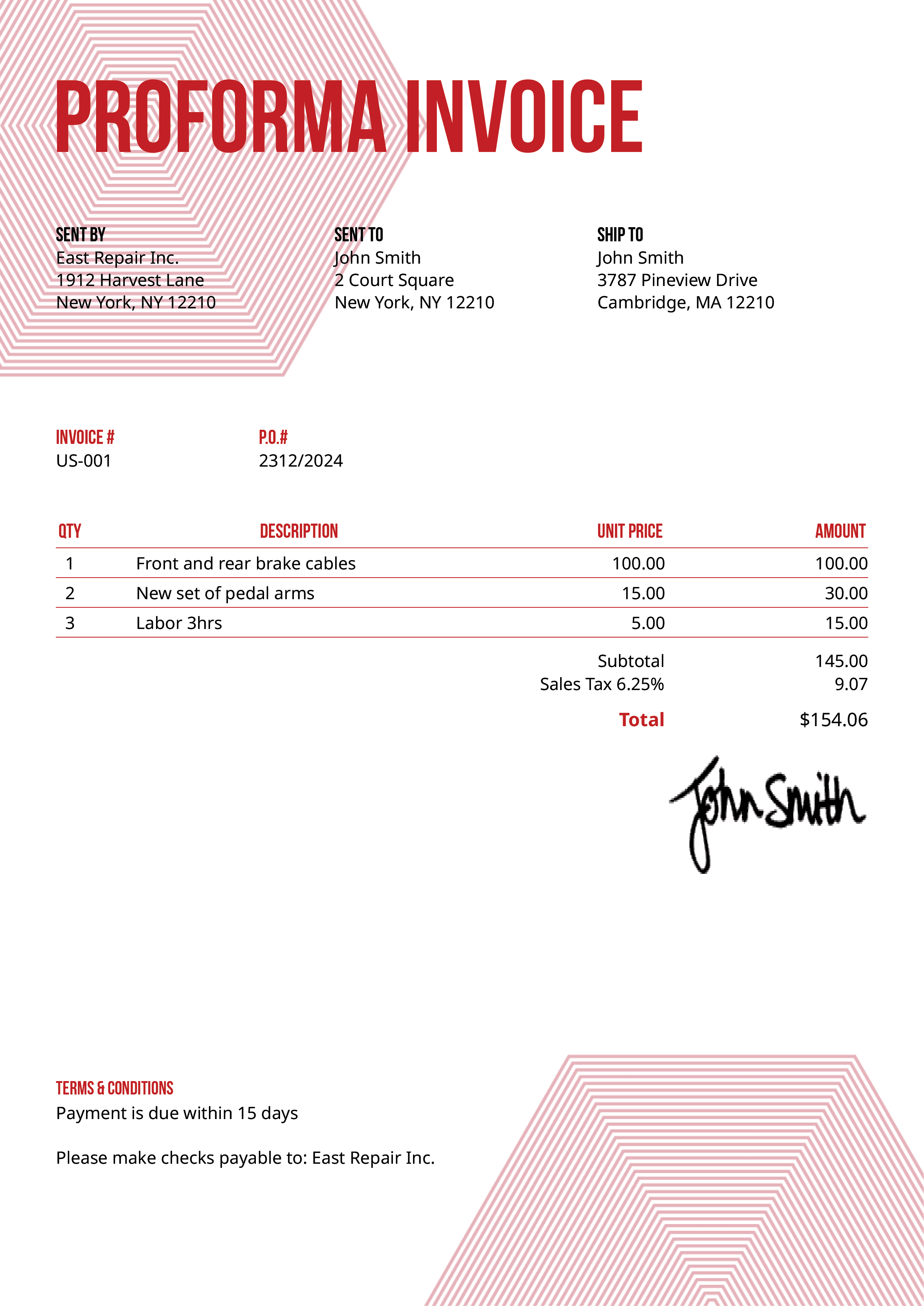 Proforma Invoice Template Us Hexagons Red 