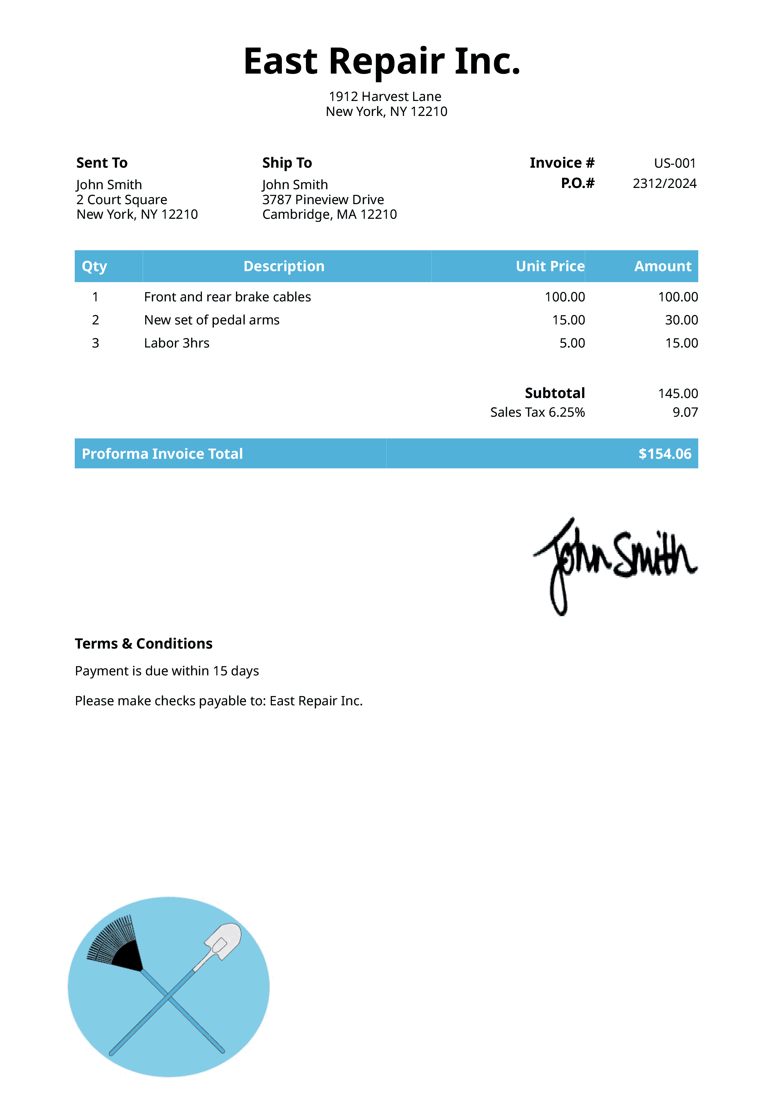 Proforma Invoice Template Us Landscaper Light Blue 
