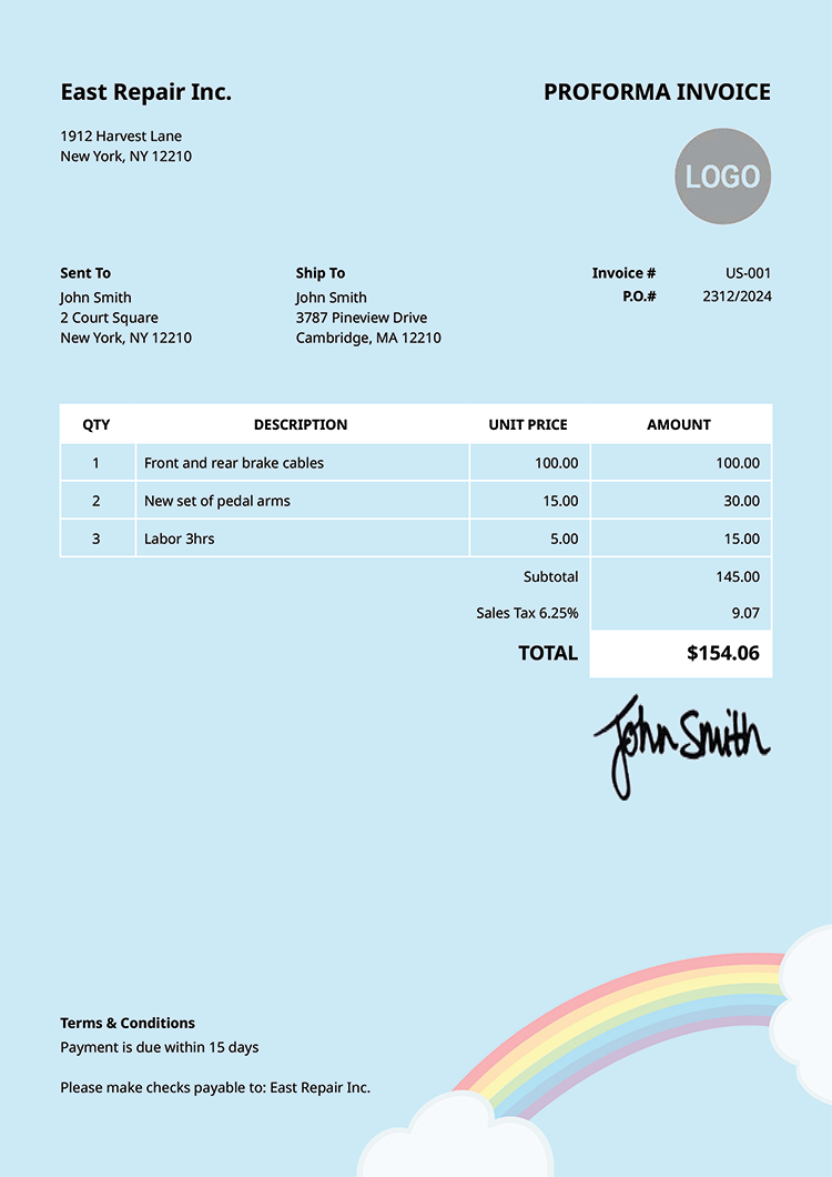 Proforma Invoice Template Us Rainbow Clouds 