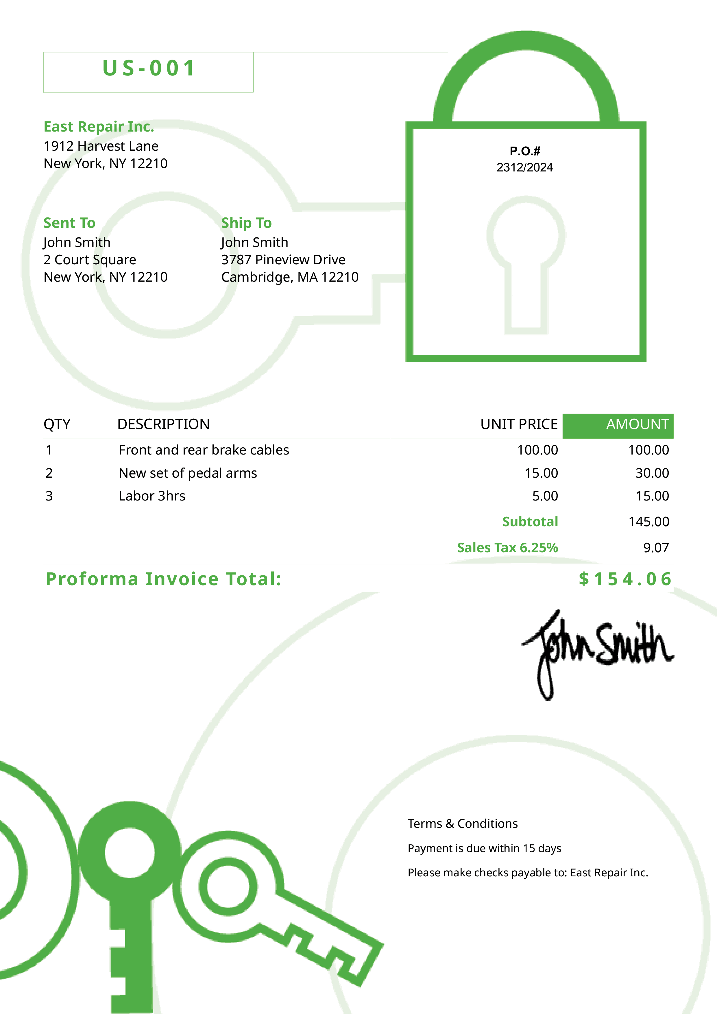 Proforma Invoice Template Us Secure Green 