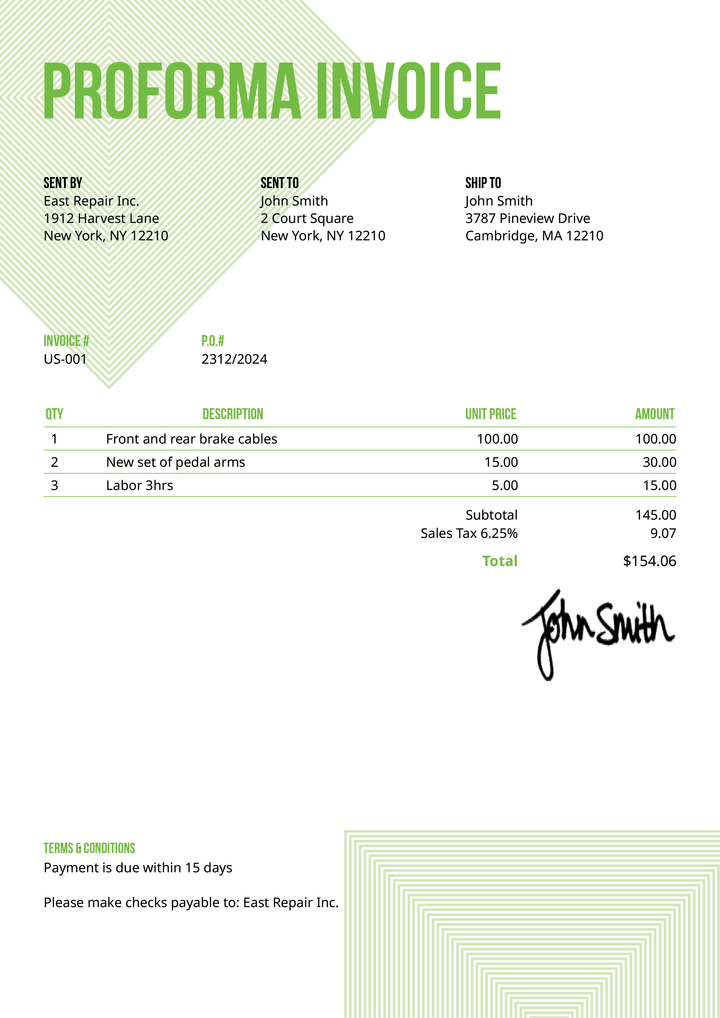 Proforma Invoice Template Us Squares Green 
