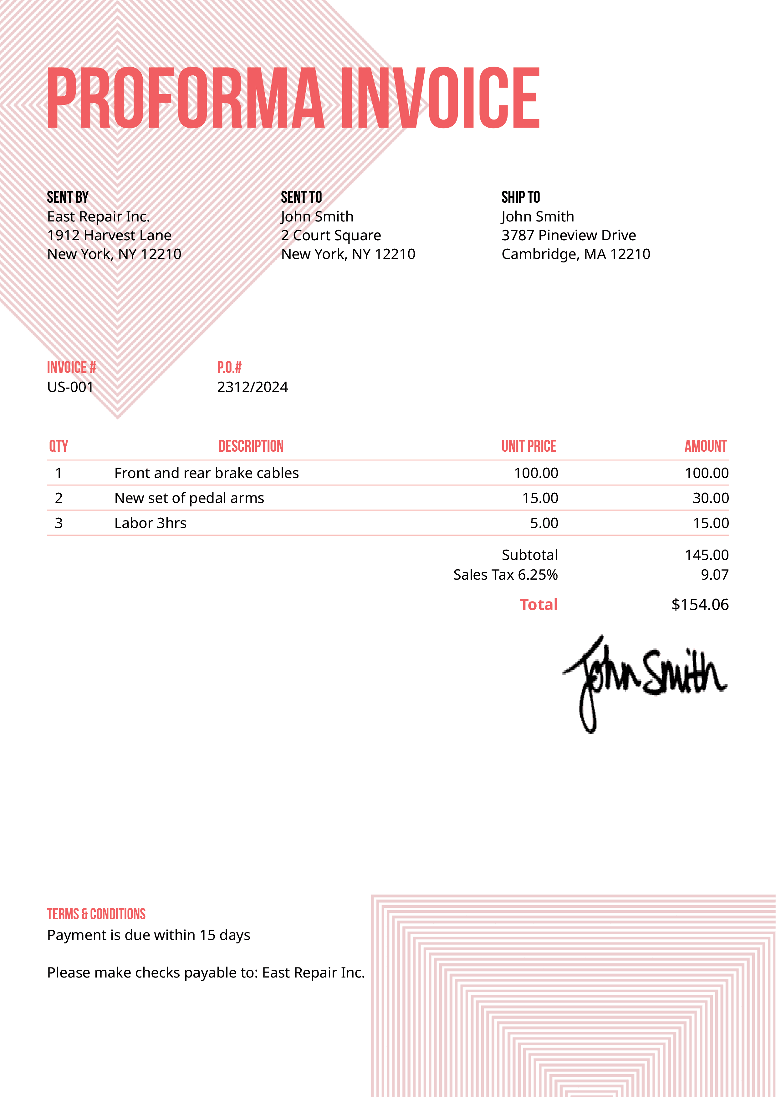 Proforma Invoice Template Us Squares Pink 