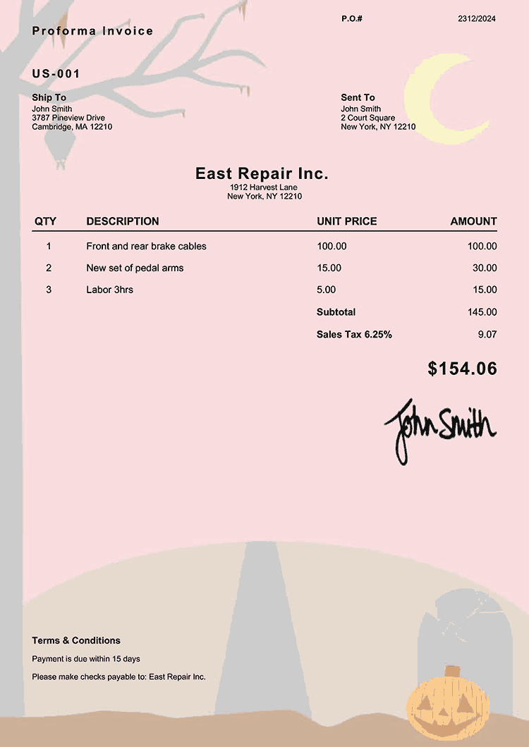 Proforma Invoice Template Us Tree Hill Halloween 