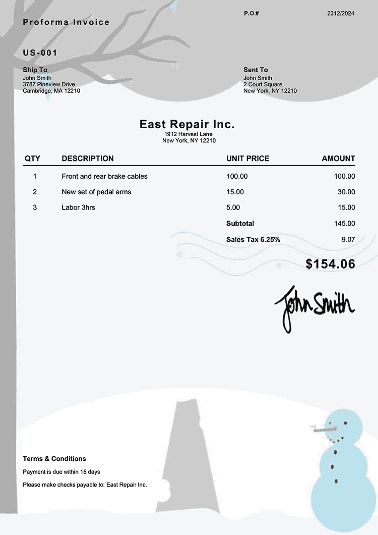 Proforma Invoice Template Us Tree Hill Winter 