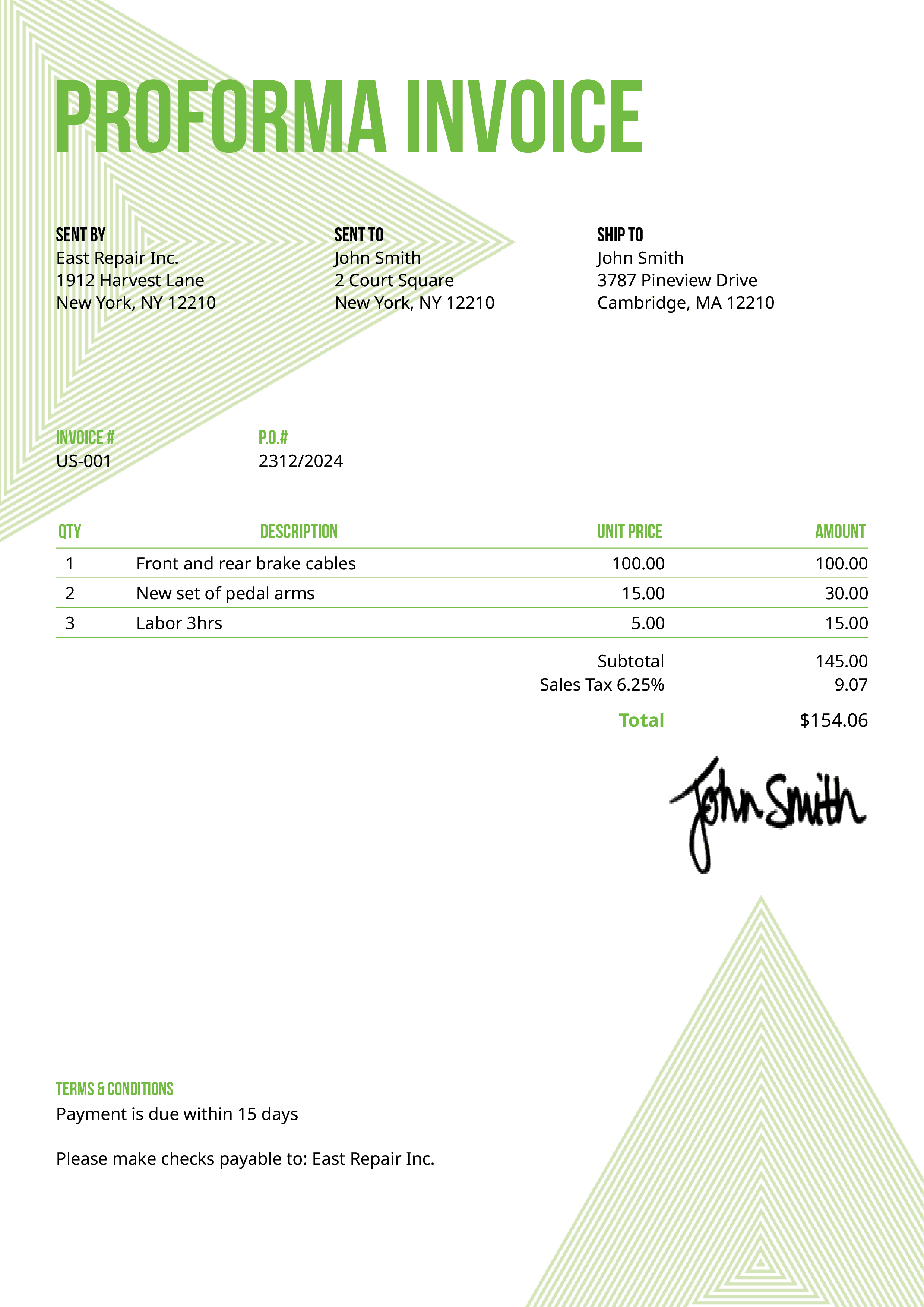 Proforma Invoice Template Us Triangles Green 