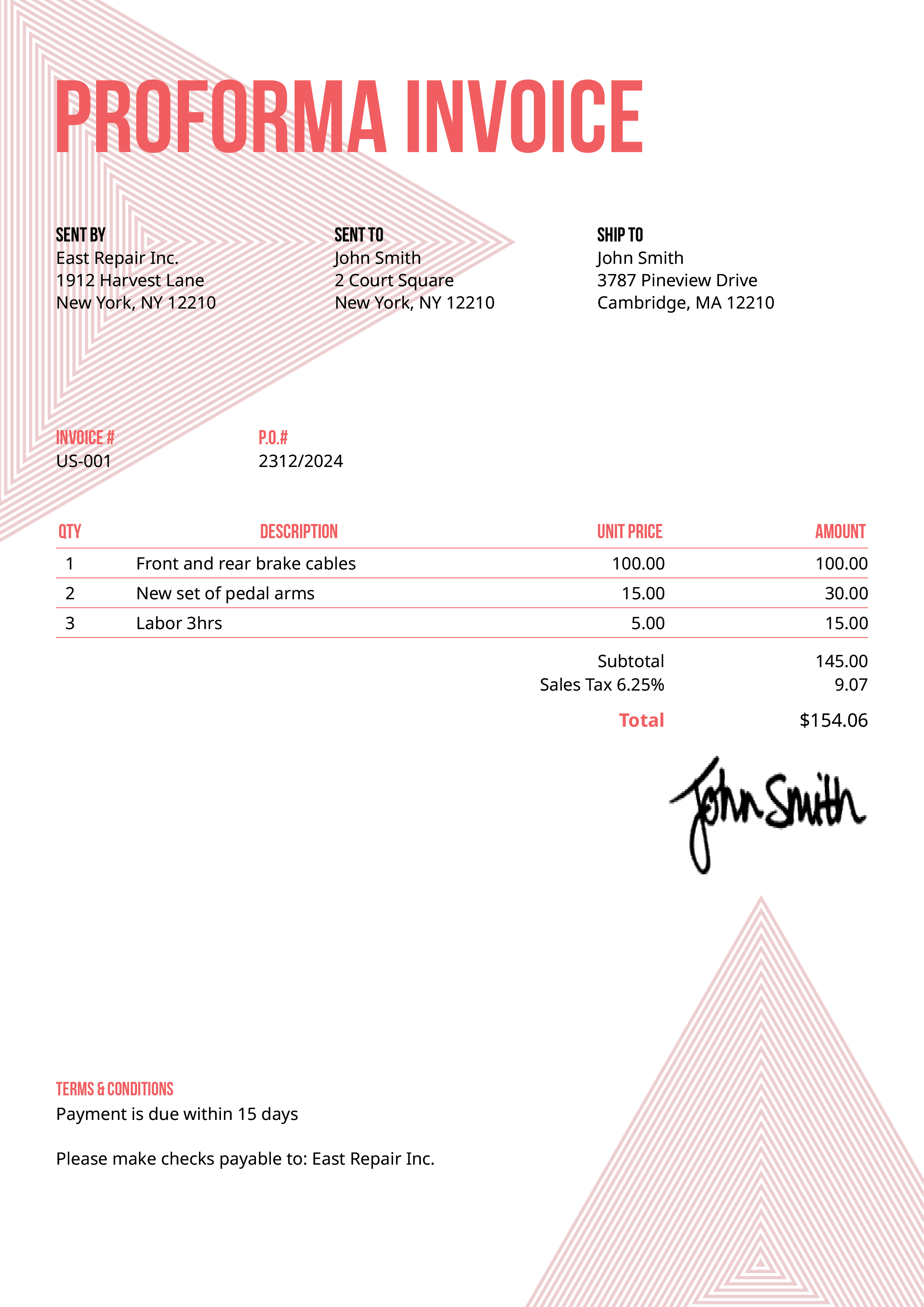 Proforma Invoice Template Us Triangles Pink 