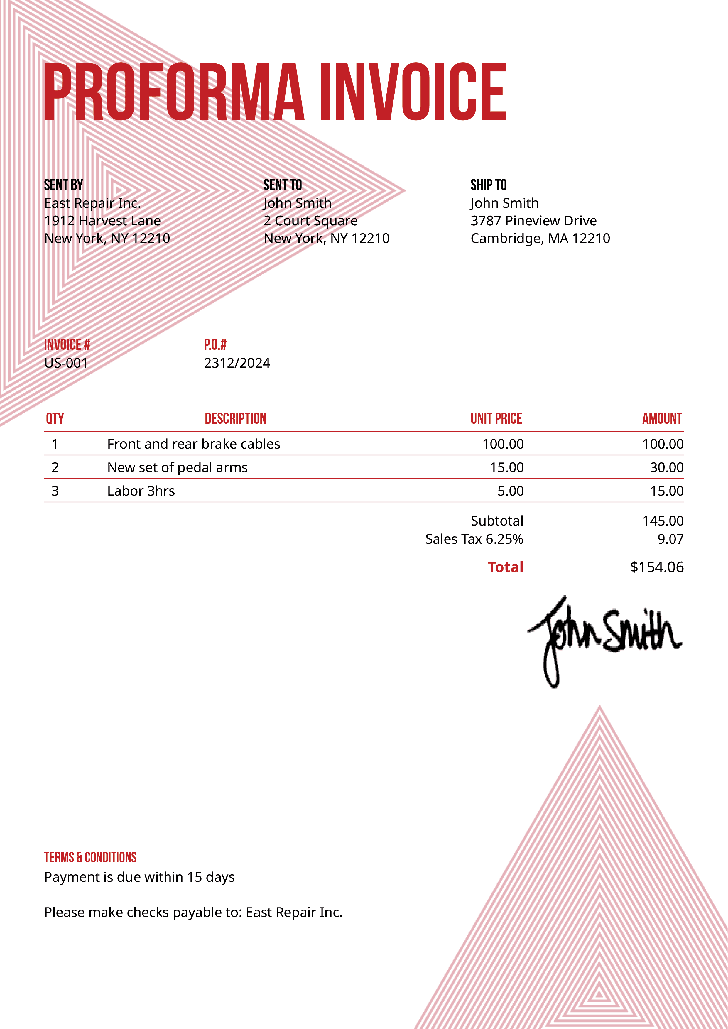 Proforma Invoice Template Us Triangles Red 