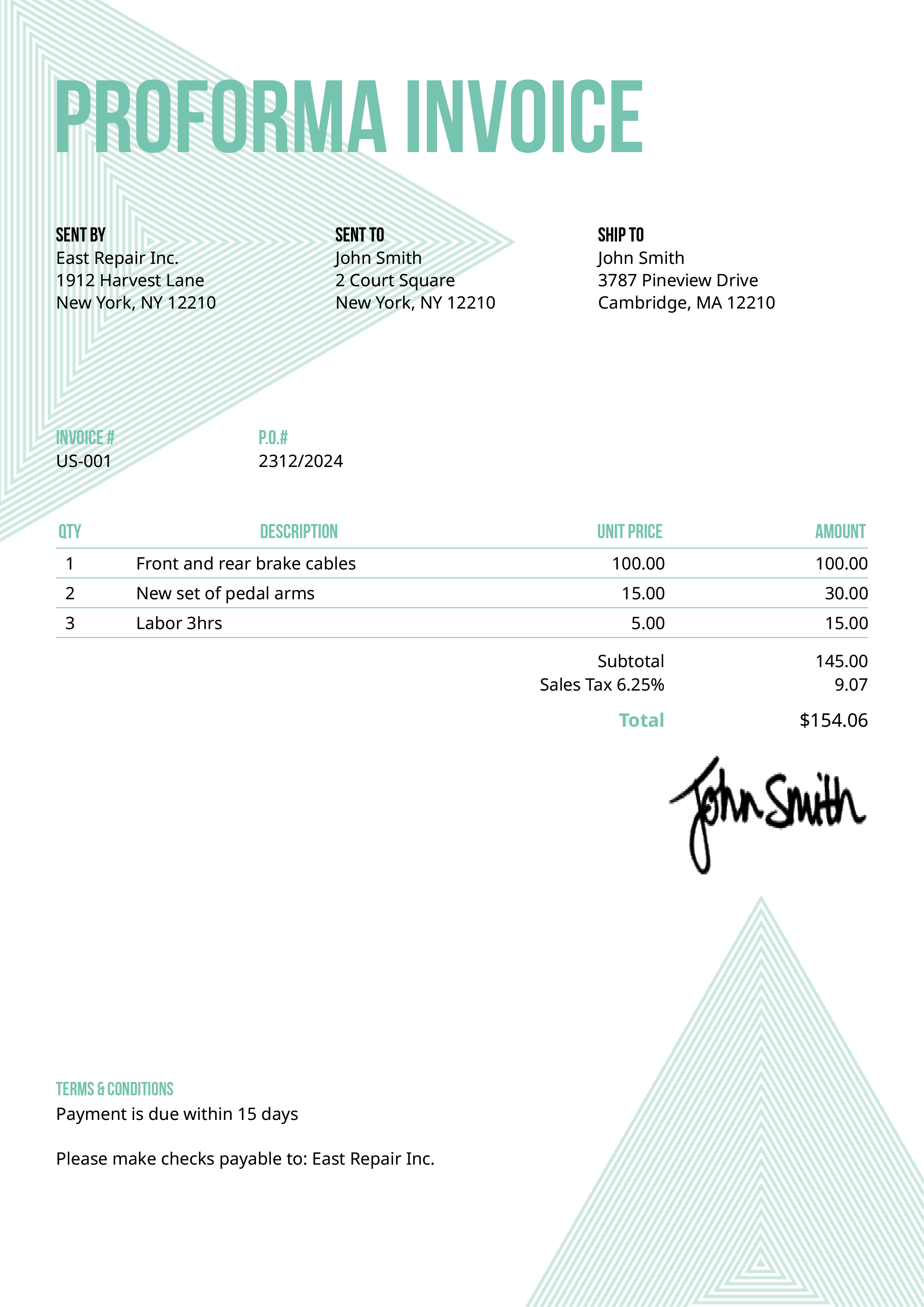 Proforma Invoice Template Us Triangles Turquoise 