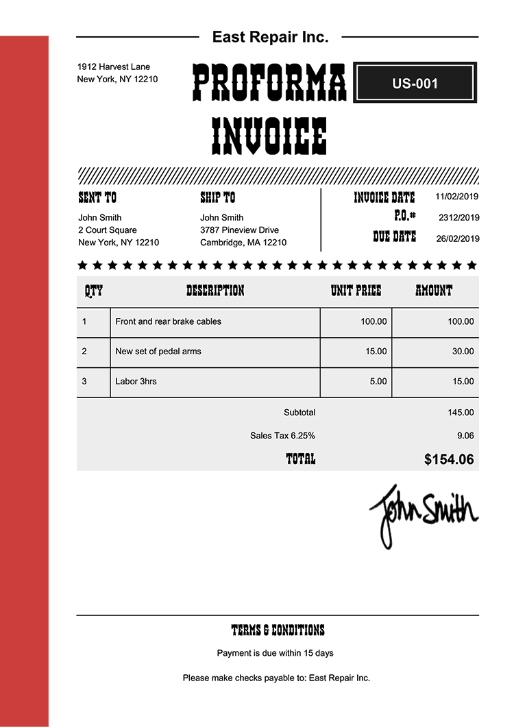 Proforma Invoice Template Us Western Red 
