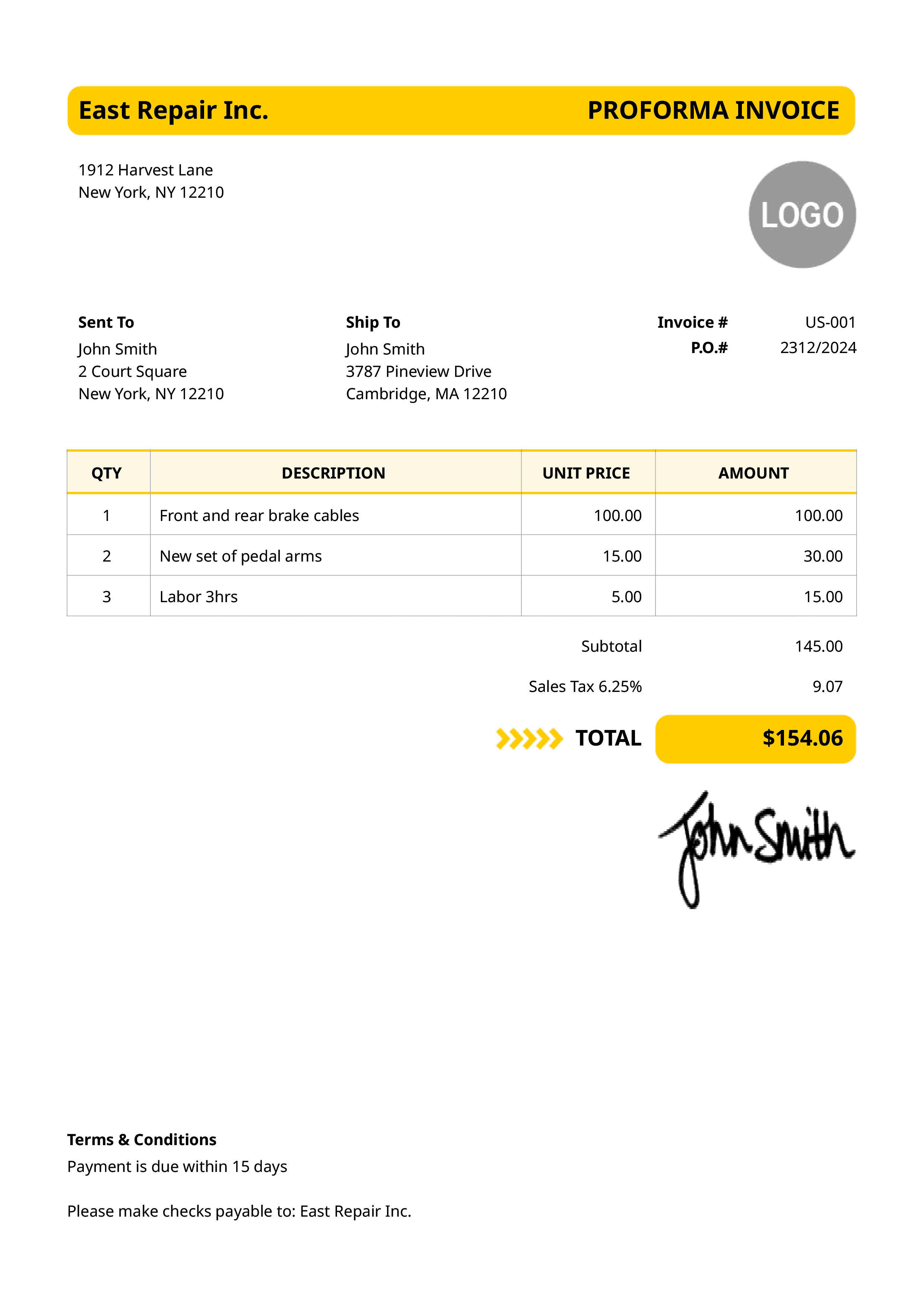 Proforma Invoice Template Us Wikilane 