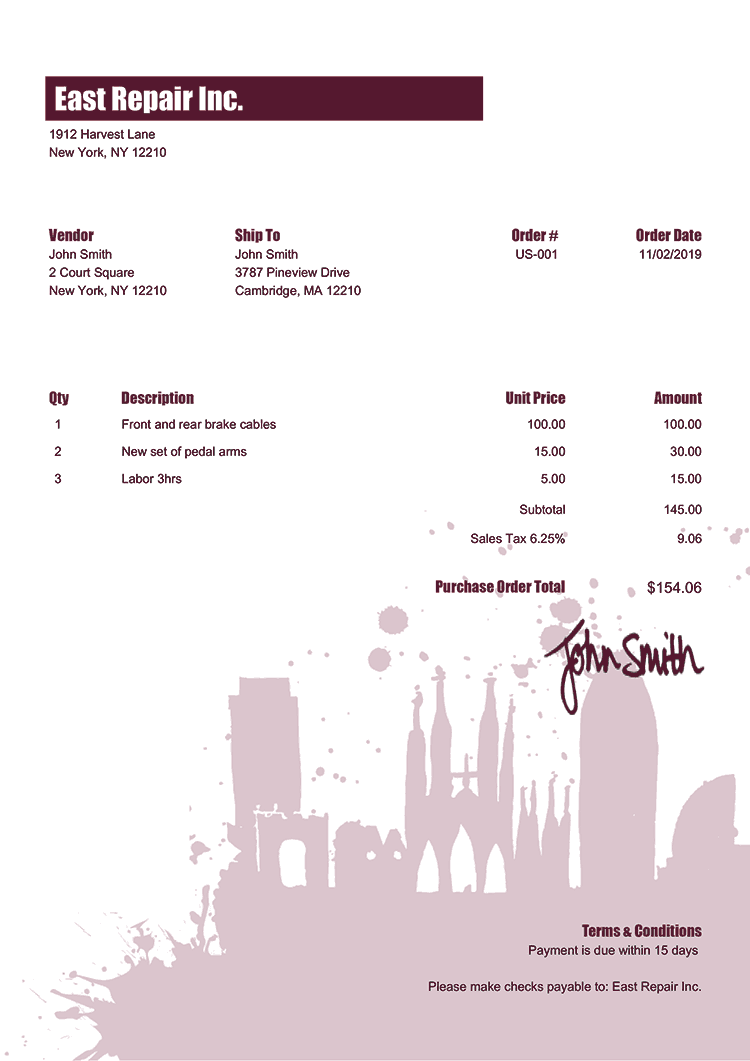 Purchase Order Template Us Barcelona 