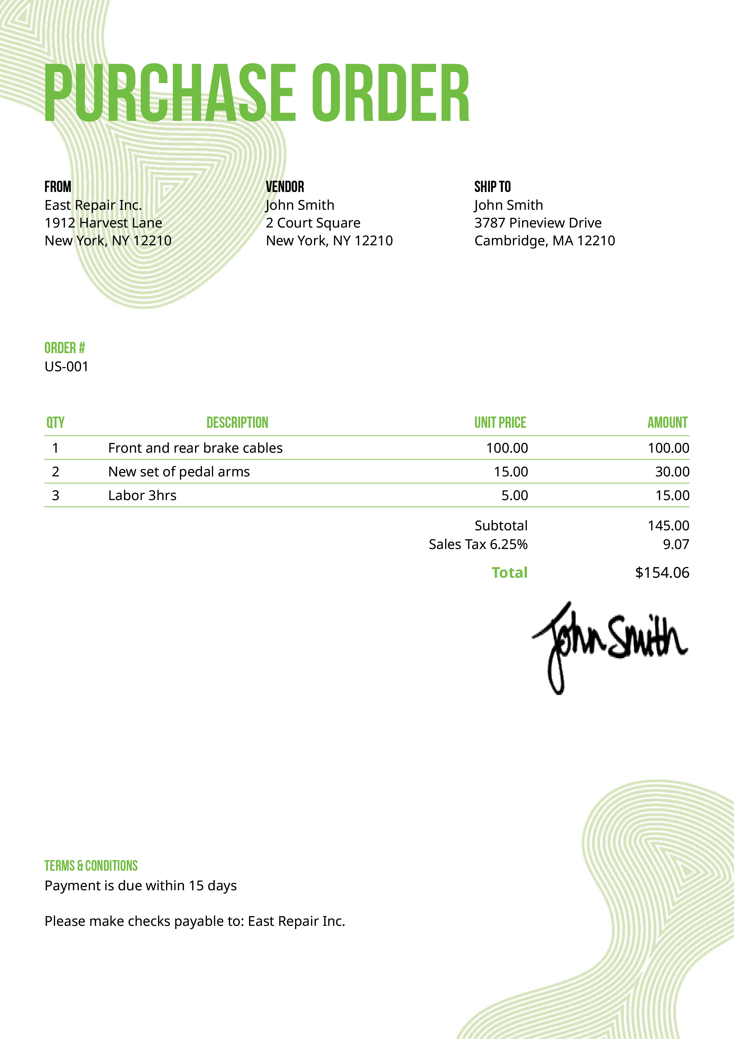 Purchase Order Template Us Blobs Green 