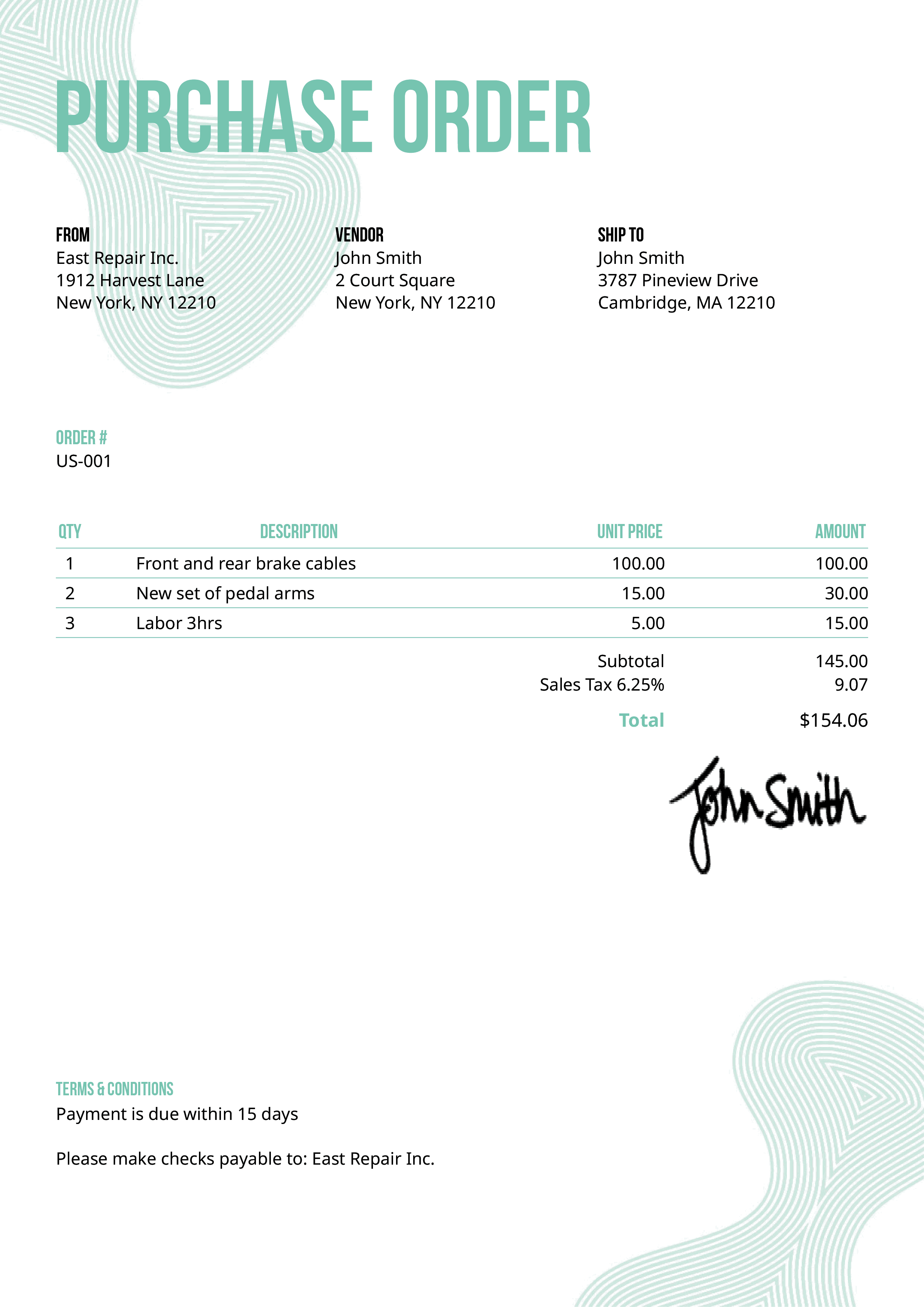 Purchase Order Template Us Blobs Turquoise 