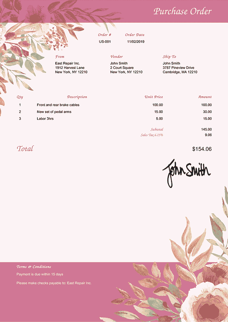 Purchase Order Template Us Blooming Rose 