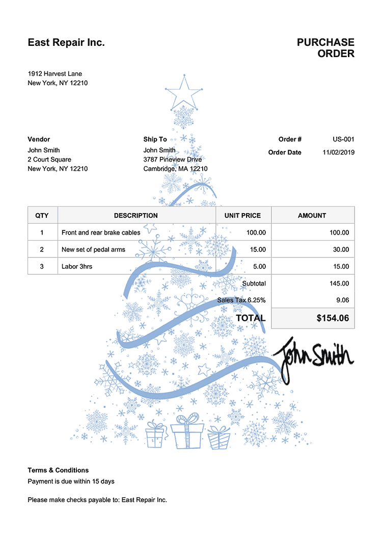 Purchase Order Template Us Christmas Tree Blue 