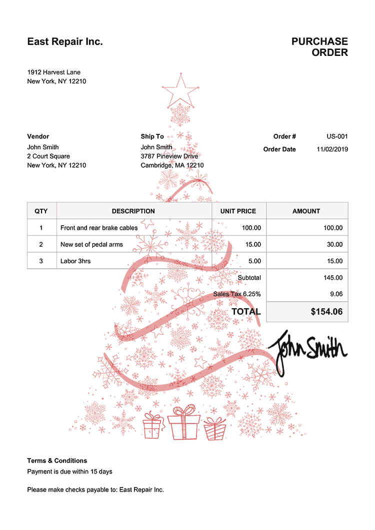 Purchase Order Template Us Christmas Tree Red 