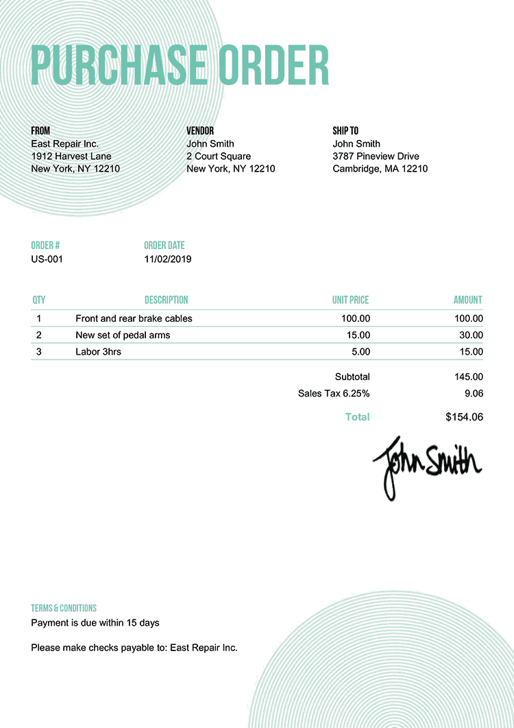 Purchase Order Template Us Circles Turquoise 