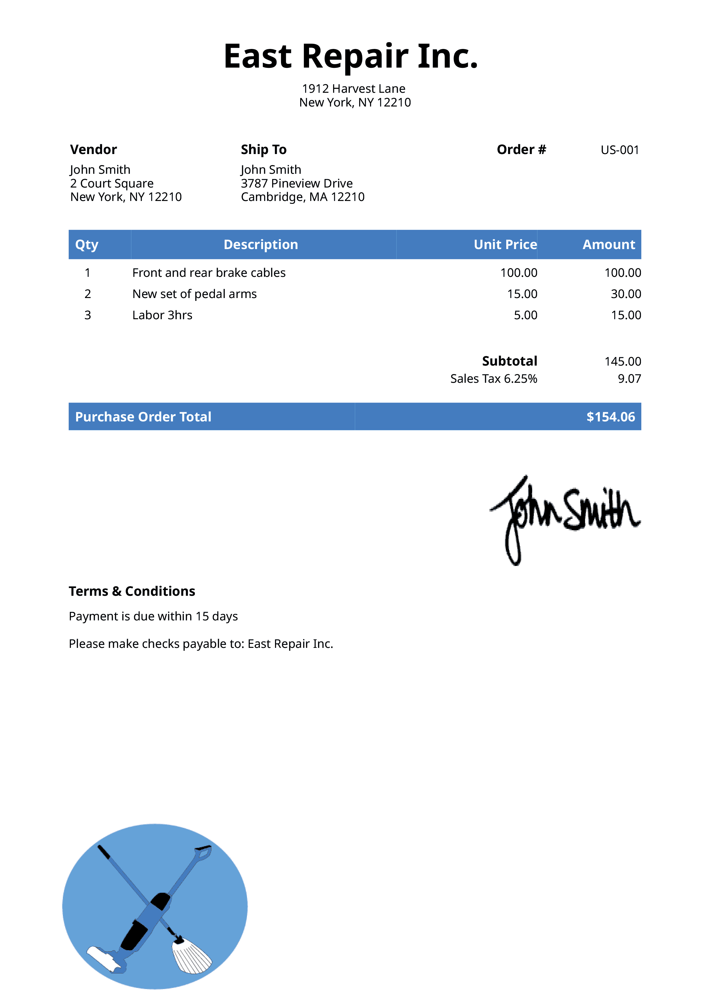 Purchase Order Template Us Cleaner Blue 