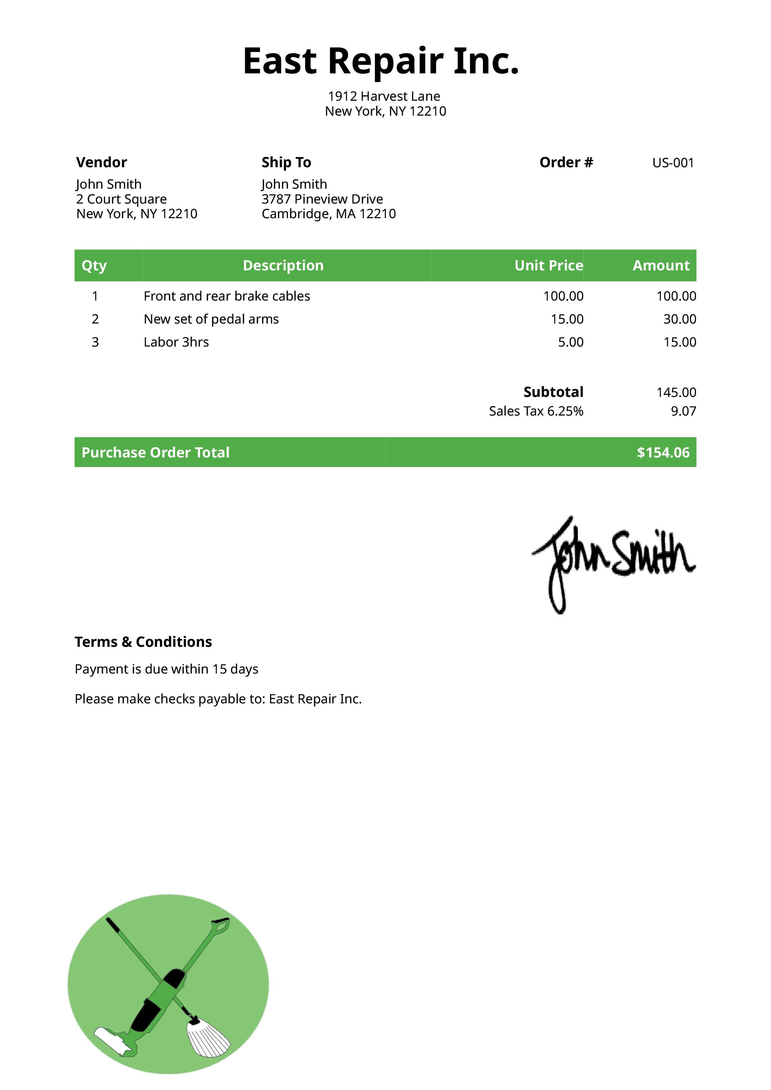 Purchase Order Template Us Cleaner Green 