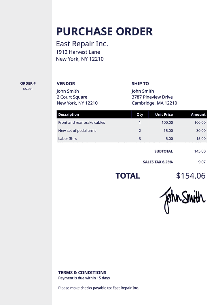 Purchase Order Template Us Column Black 