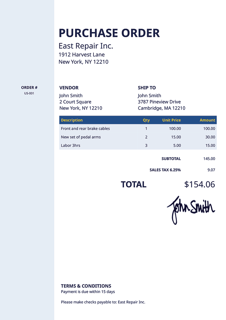 Purchase Order Template Us Column Blue 