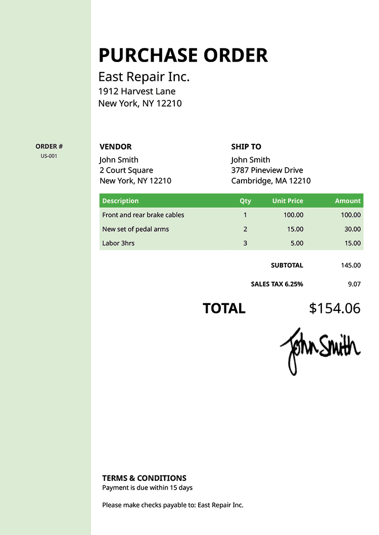 Purchase Order Template Us Column Green 