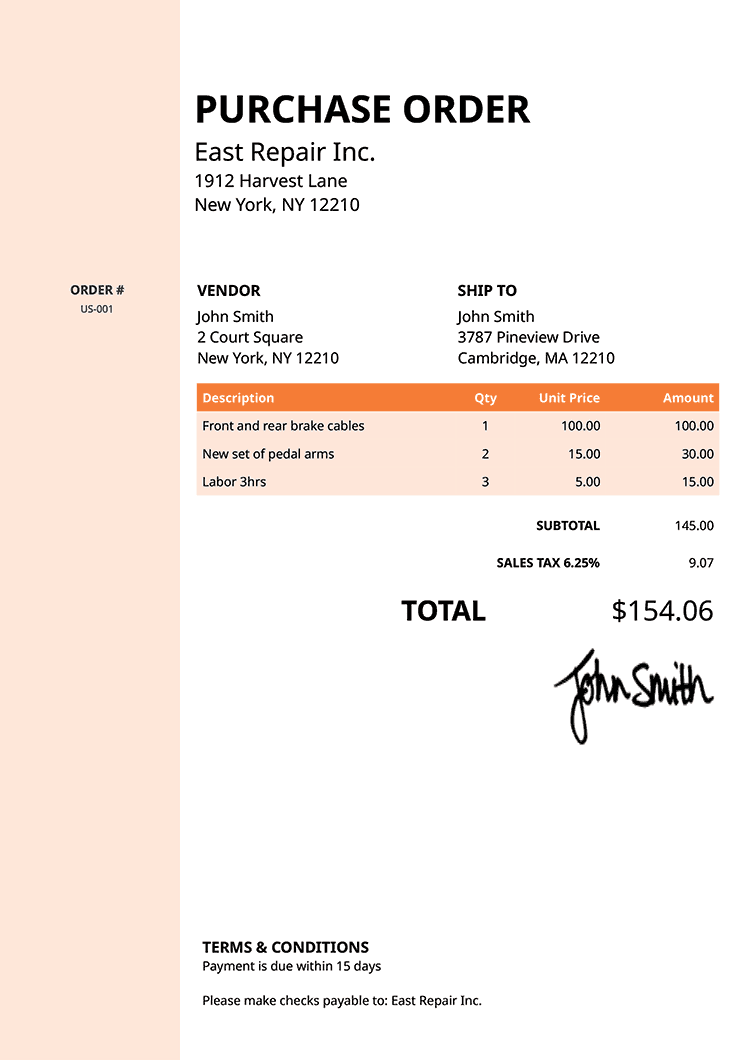 Purchase Order Template Us Column Orange 