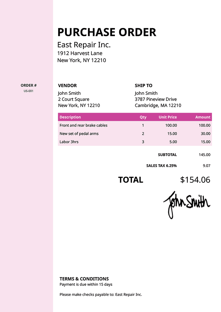 Purchase Order Template Us Column Pink 