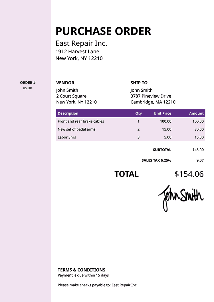 Purchase Order Template Us Column Purple 