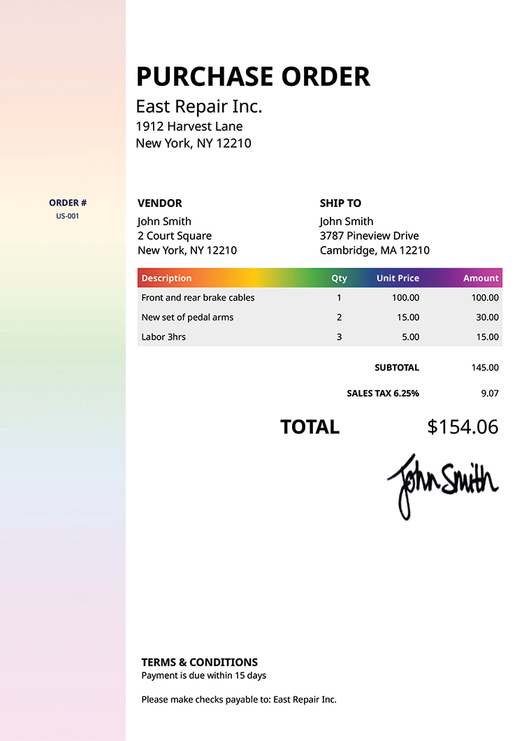 Purchase Order Template Us Column Rainbow 