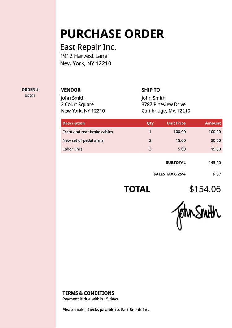 Purchase Order Template Us Column Red 
