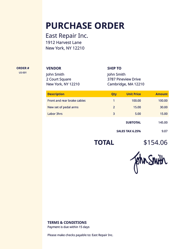 Purchase Order Template Us Column Yellow 