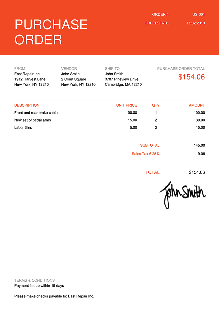 Purchase Order Template Us Contemporary Orange 