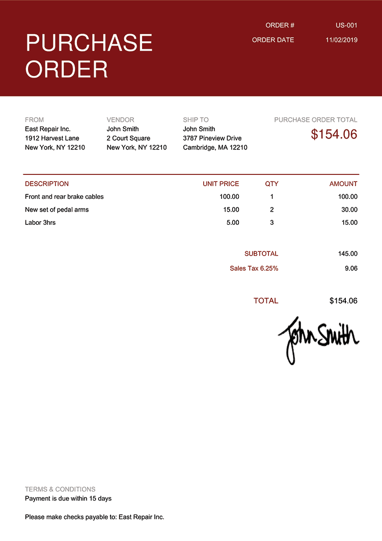 Purchase Order Template Us Contemporary Red 