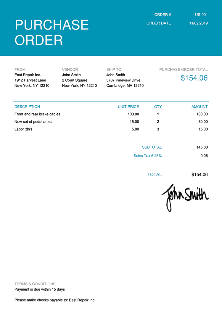 Purchase Order Template Us Contemporary Teal 
