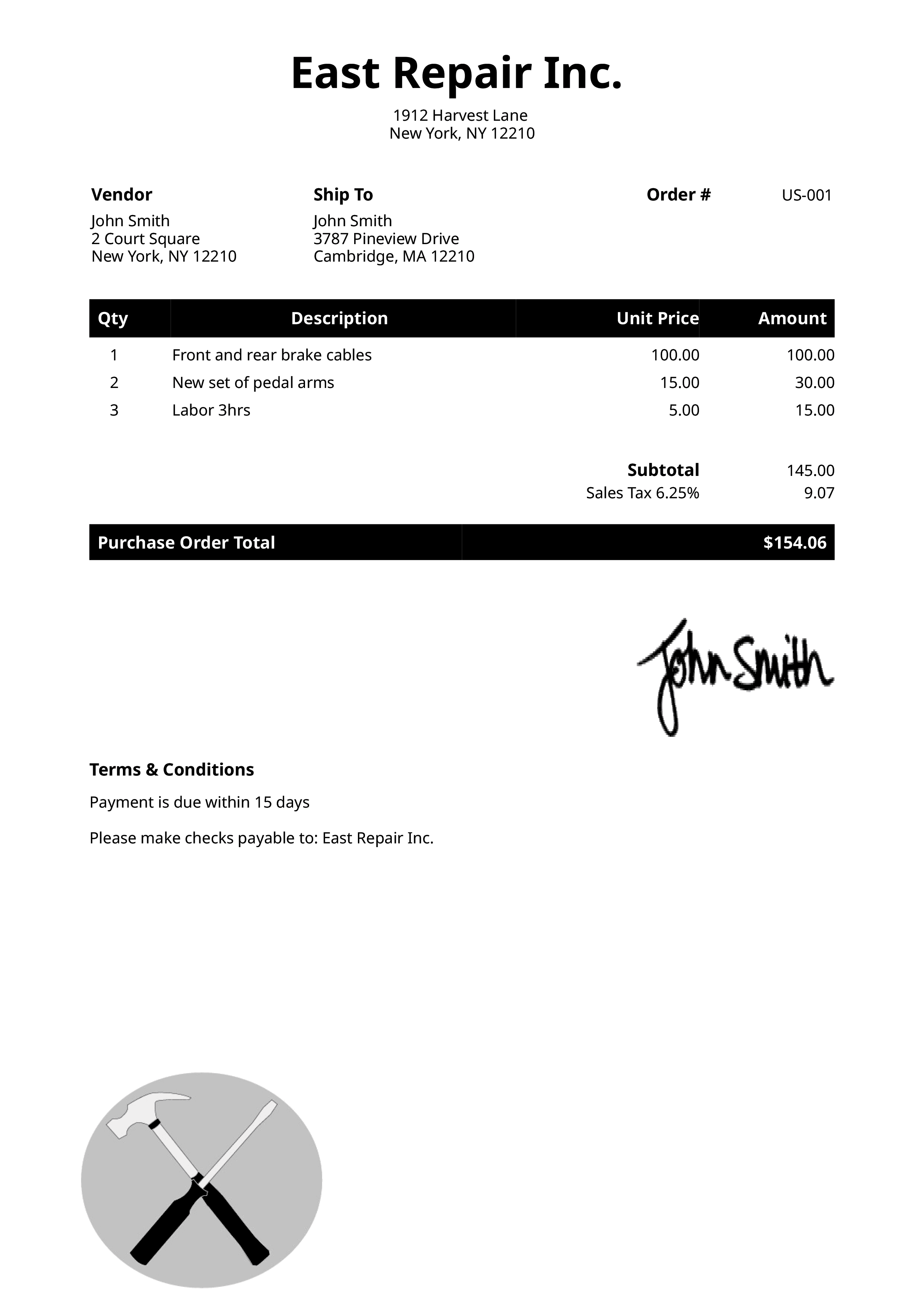 Purchase Order Template Us Contractor Black 