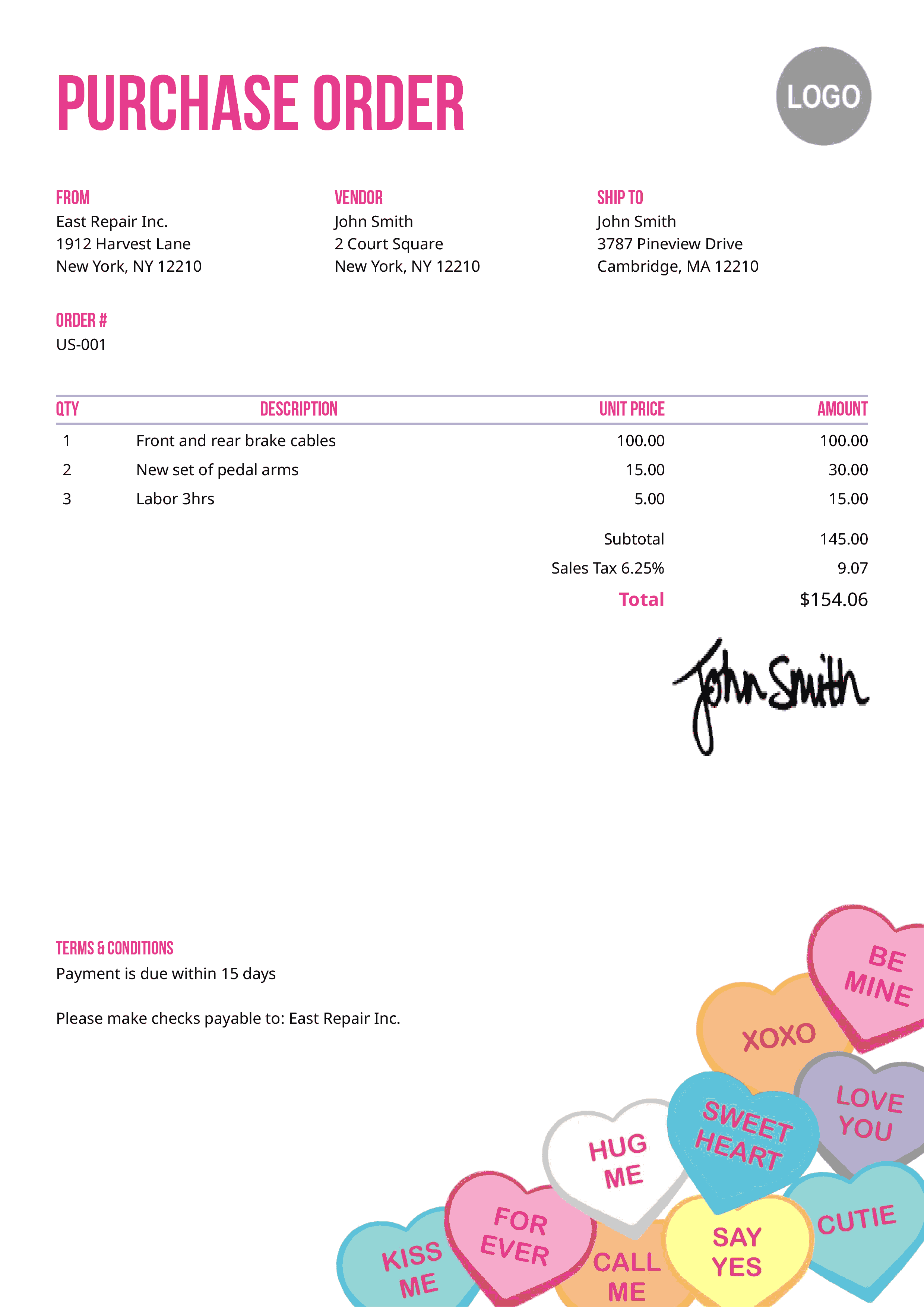 Purchase Order Template Us Conversation Hearts 