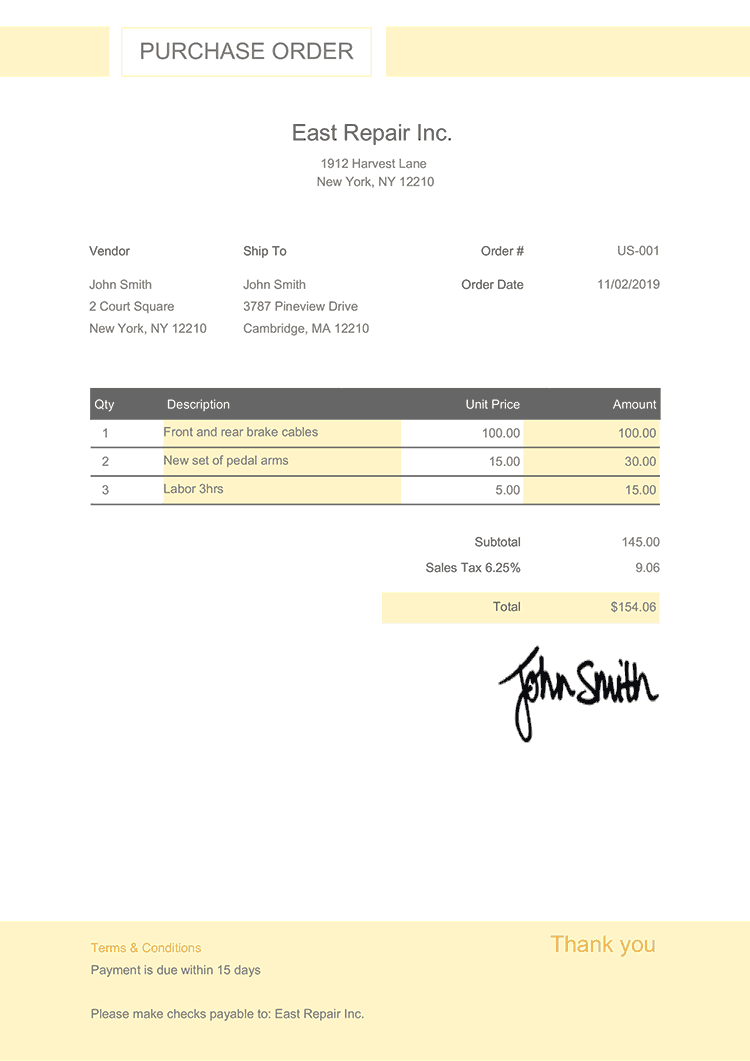 Purchase Order Template Us Effortless Daffodil 