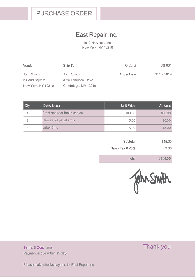 Purchase Order Template Us Effortless Lilac 